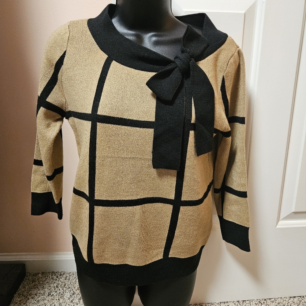 New York & Company Tan and Black Sweater with Bow & Bold Geometric Grid Pattern